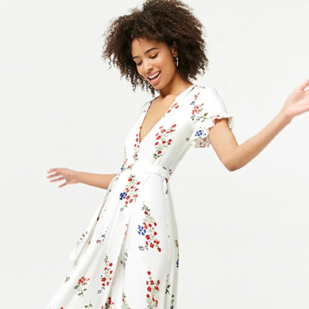 White wrap dress with floral pattern